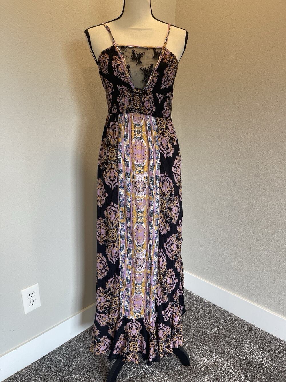 Free People Size Smalll That Moment Maxi Slip Dress Lace Plunge Neckline